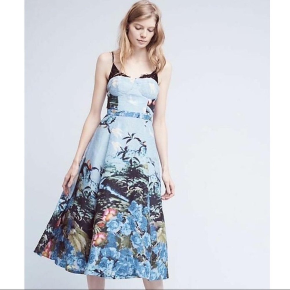 TRACY REESE blue floral watercolor Scenic View a-line dress